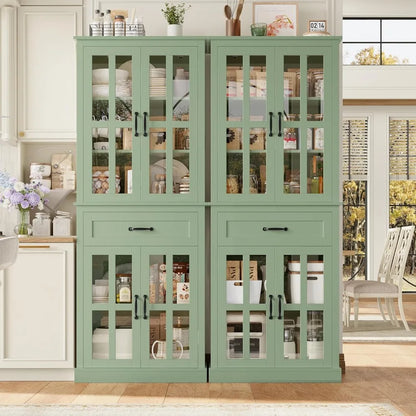 Stylish Glass Door Wooden Tall Storage Cabinet with Drawer – 71” Modern Green Bookcase that doubles as a functional glass door storage cabinet.