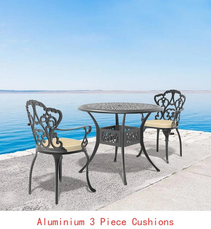   3 or 5-Piece All-Weather Black Cast Aluminum Patio Set w/Swivel Chairs & Cushions