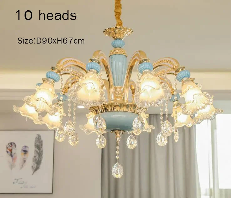 Frosted White Glass Tiffany Blue Floral Chandelier
