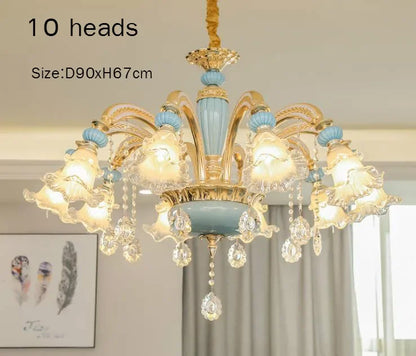 Frosted White Glass Tiffany Blue Floral Chandelier