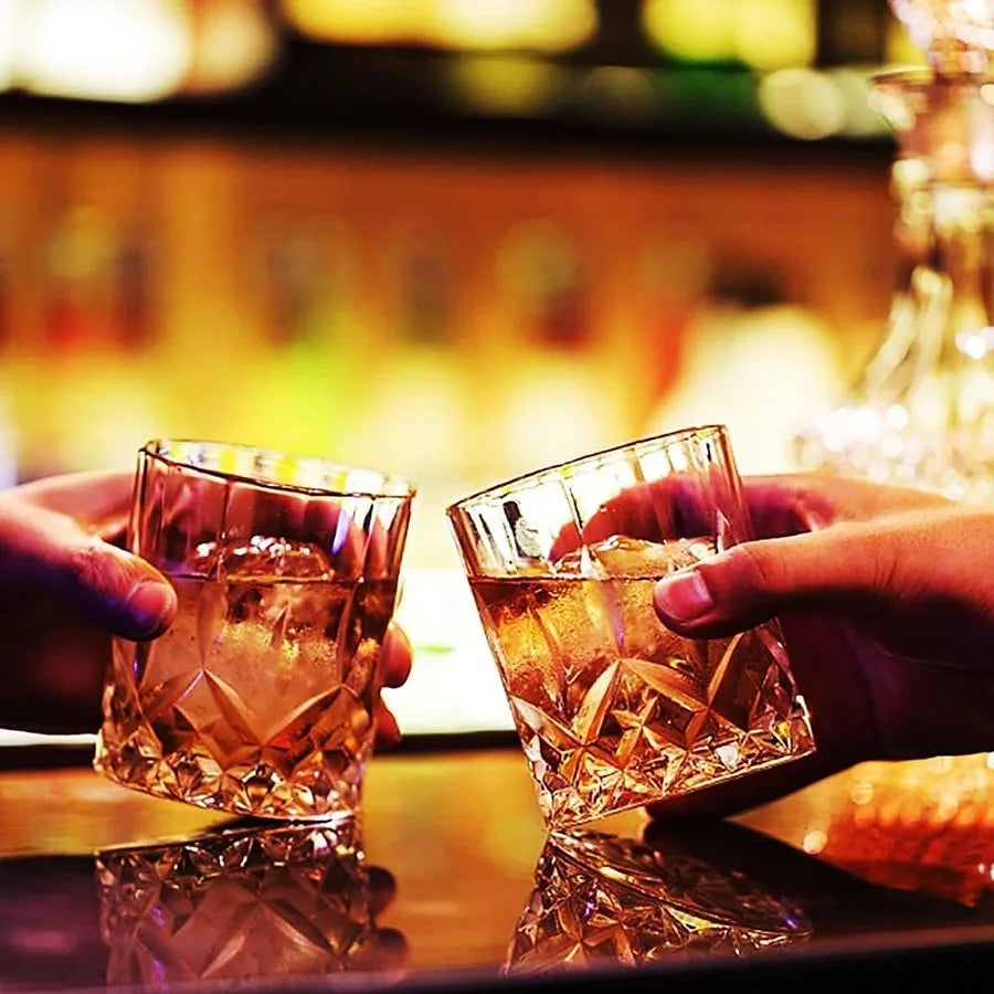 Crystal Whiskey Glasses Set on a dark wood tray, elevating your bar experience with a premium look.