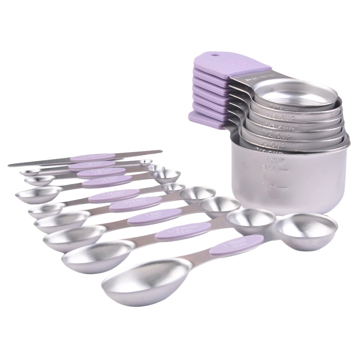 16-Piece Magnetic Measuring Cups and Spoons Set, 304 Stainless Steel with Purple Silicone Handles for organized kitchen storage