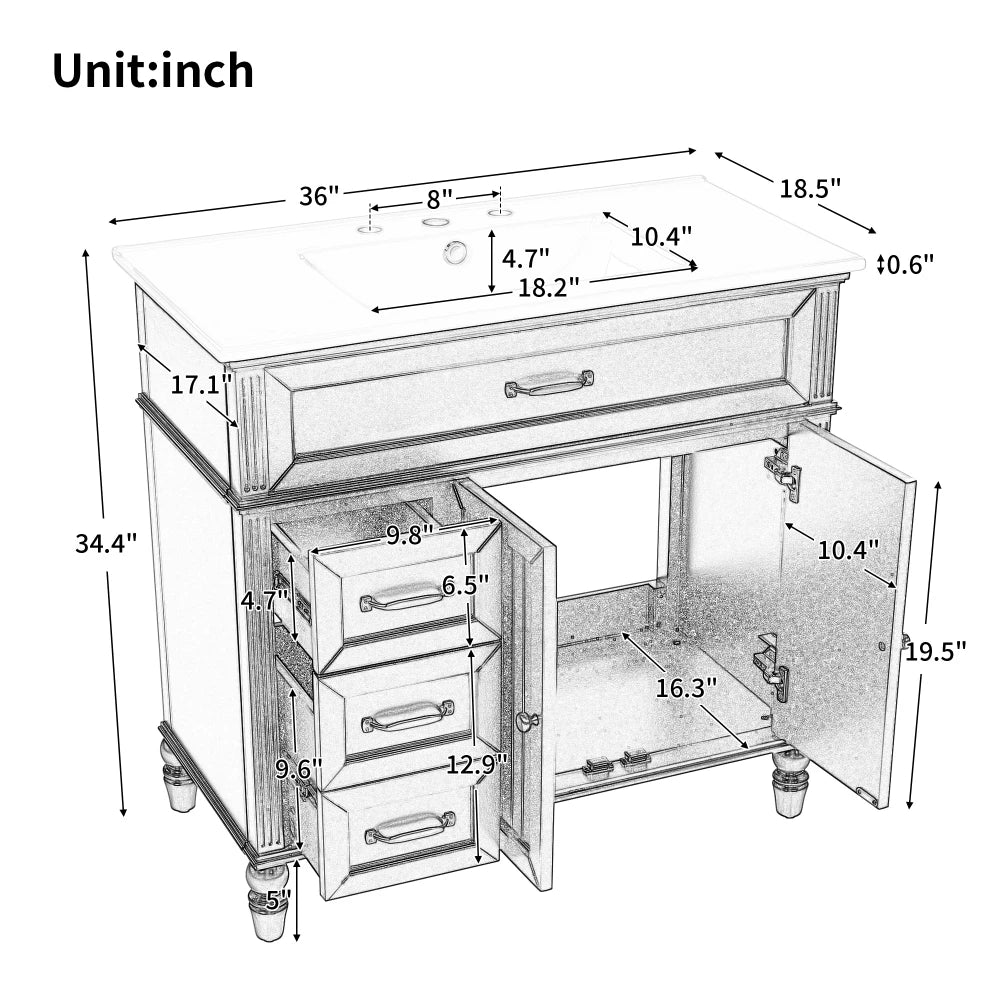 Freestanding 36" White Bathroom Vanity w/Ceramic Sink