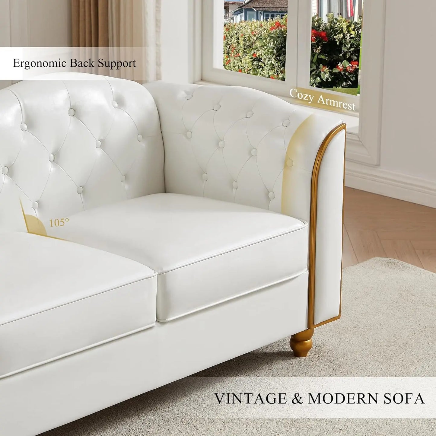 Luxurious White Button Tufted Upholstered Faux Leather Cloud Sofa/Couch