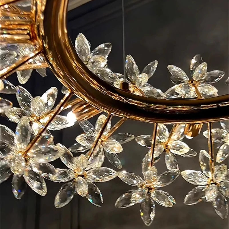 Elegant Crystal Flower Petals Chandelier - The energy-efficient crystal flower chandelier in a stylish dining room, enhancing the atmosphere with its elegance.