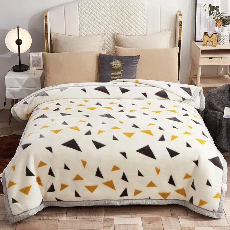 Korean Raschel 2-Ply Heavy Fleece Blanket, 78x90 Queen Size Reversible Geometric Plush Blanket shown in a purple floral pattern; reversible geometric blanket for cozy bedroom décor.