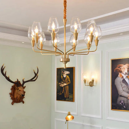 Stunning Modern LED Chandelier in Blue and Matte Brass - Elegant Lighting for Your Home, beautifully illuminating a dining room space with warm tones.