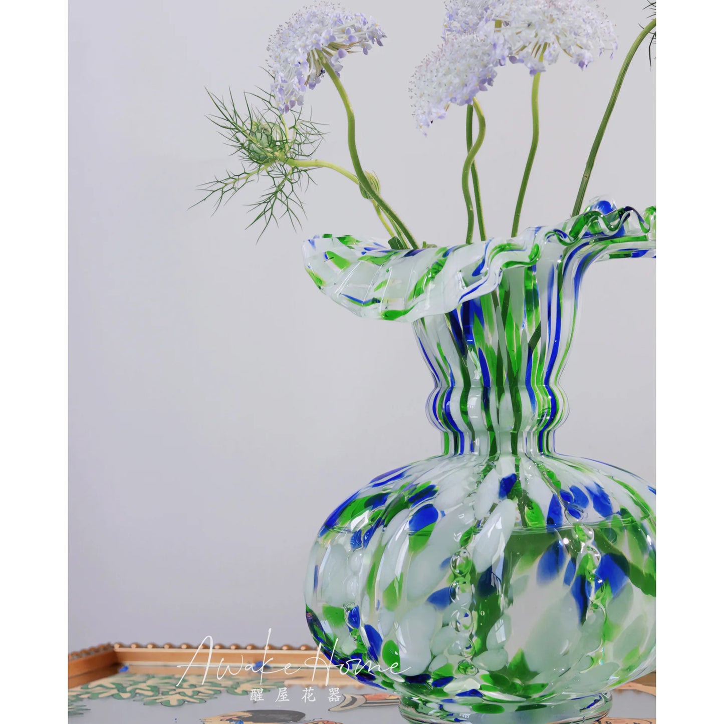 Decorative Hand-Blown Blue & Green Speckled Glass Vase w/A Ruffled Design Edge
