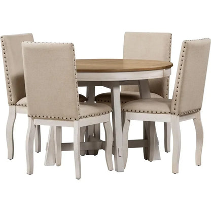 5-Piece Round Natural Wood Dining Table Set for 4