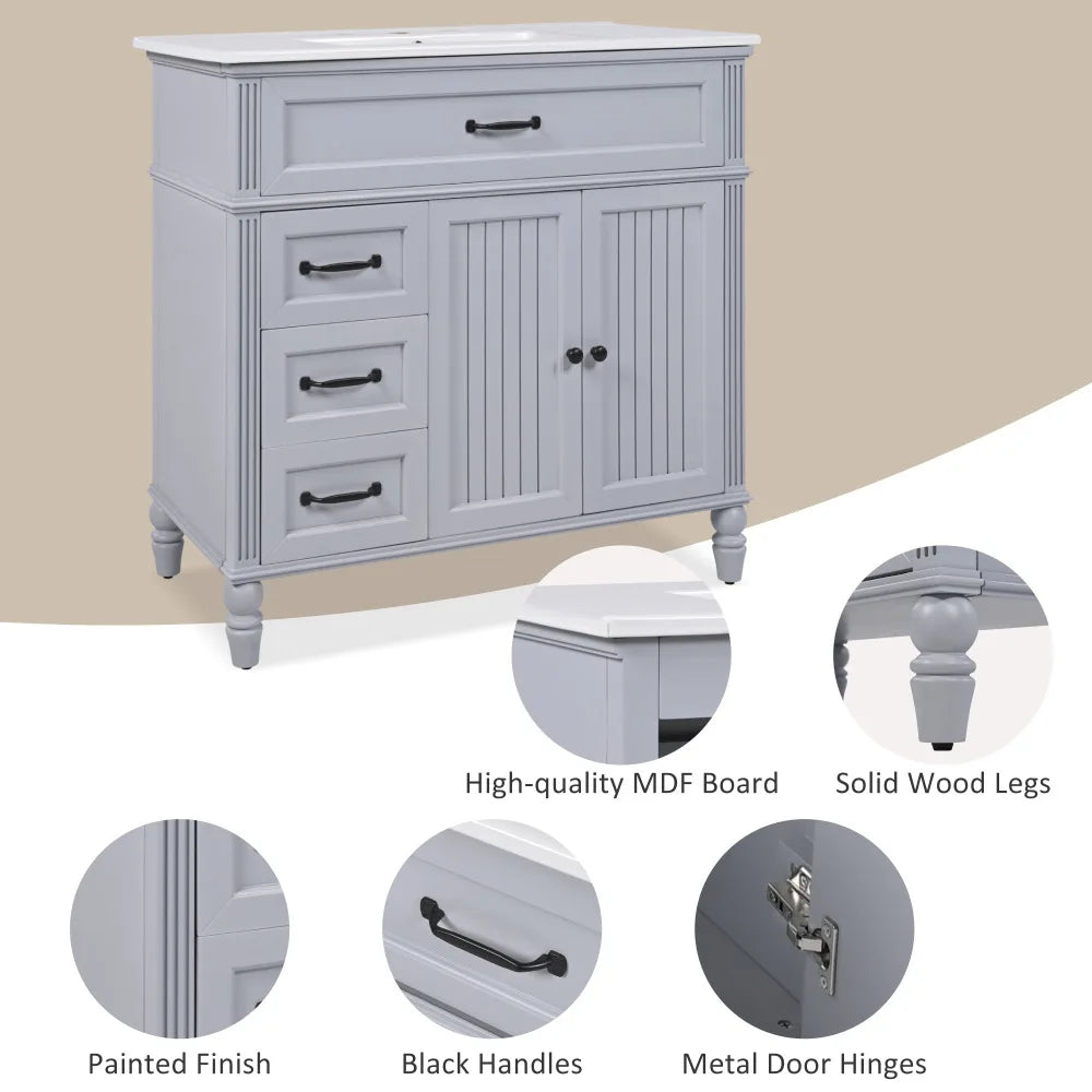 Freestanding 36" White Bathroom Vanity w/Ceramic Sink