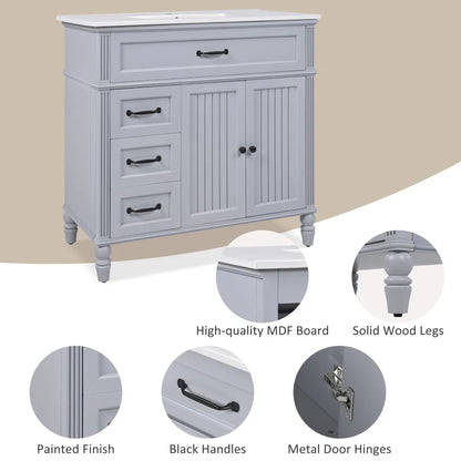 Freestanding 36" White Bathroom Vanity w/Ceramic Sink