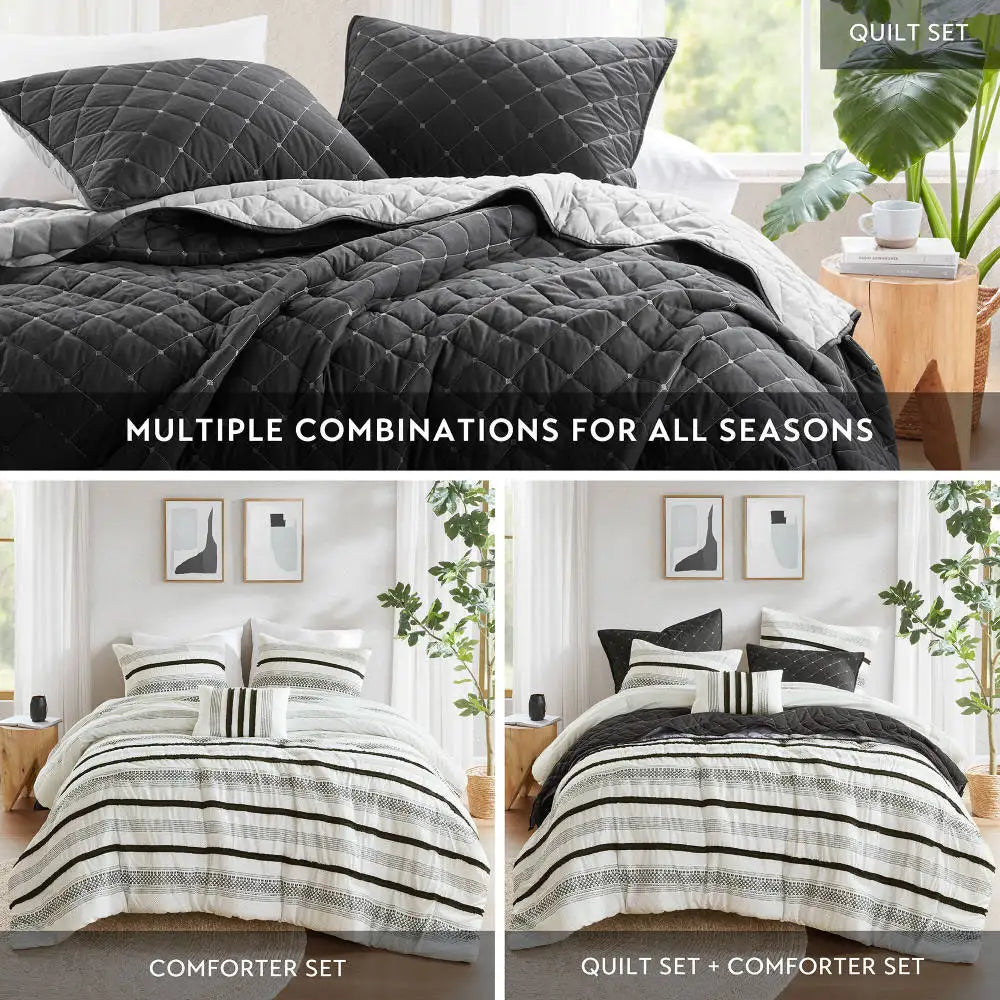 Stylish 7-piece king size comforter set in black & white stripes, emphasizing comfort and modern elegance.