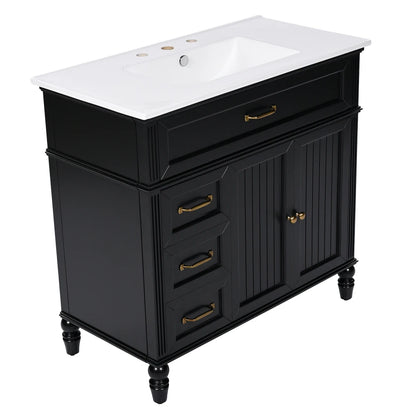 Freestanding 36" Black  Bathroom Vanity w/Retro Gold Handles & Ceramic Sink