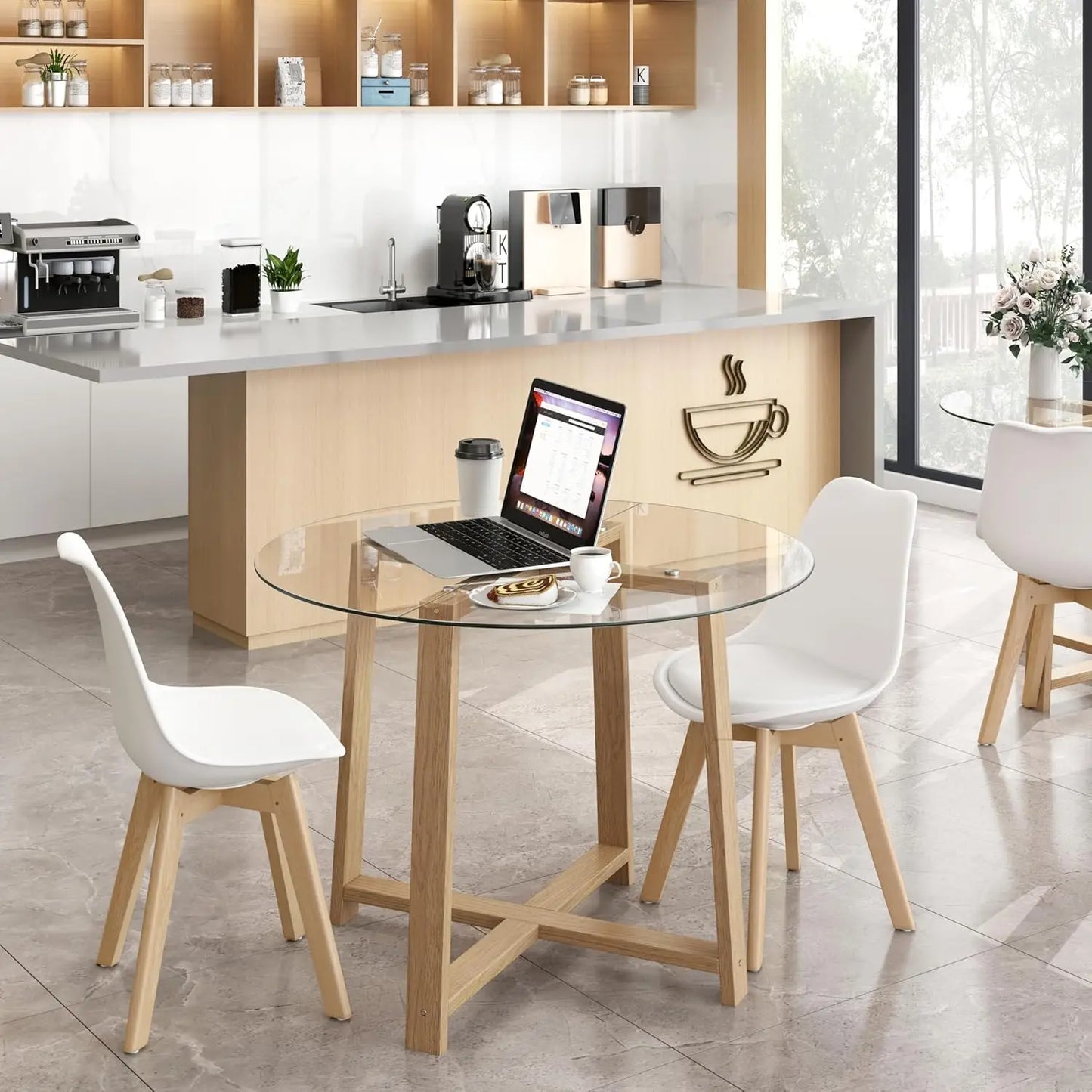 Modern 42” Round Glass Dining Table Set with Padded Chairs – Stylish Seating for 4–6 displayed in a bright dining room setting.