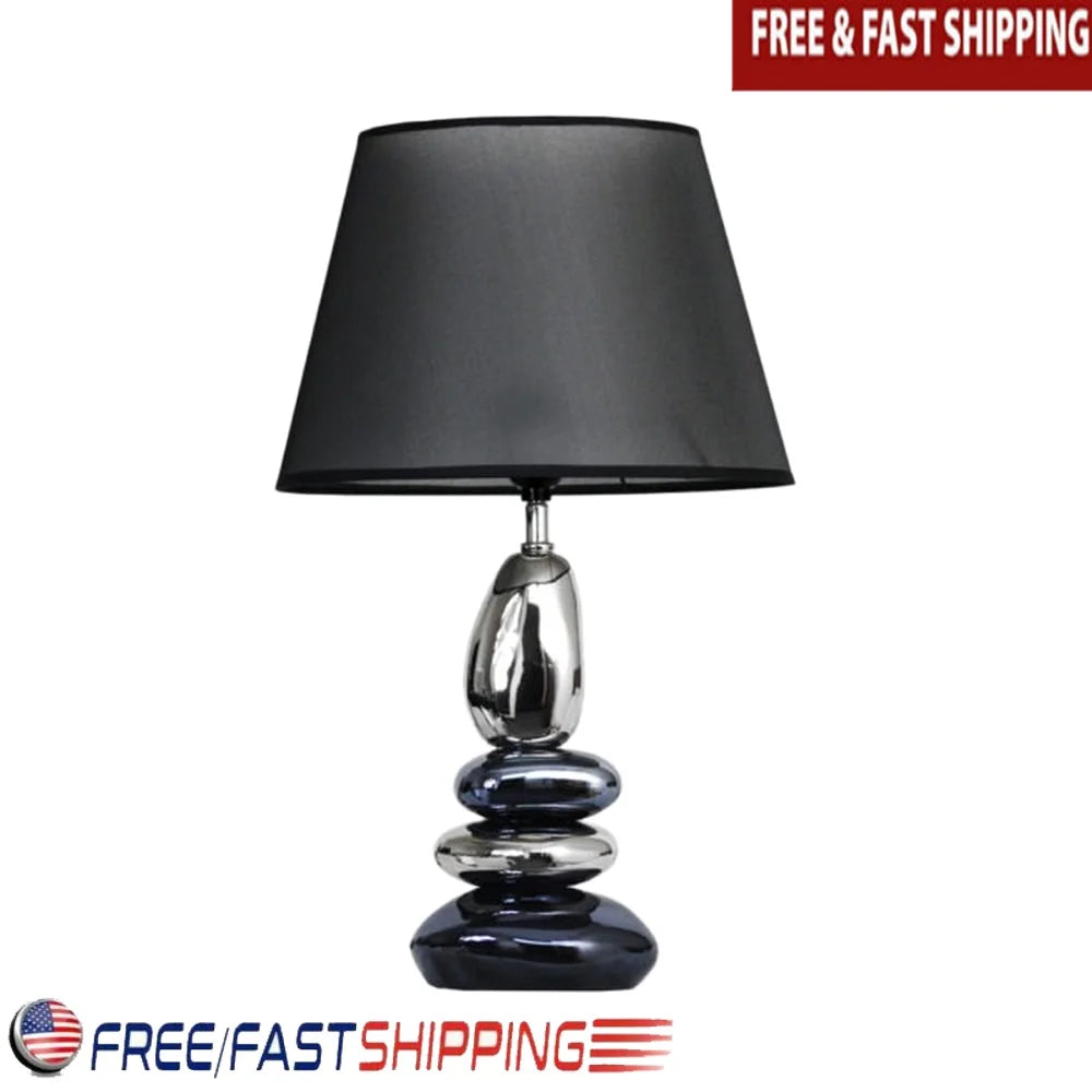 Contemporary Stacked Stone Table Lamp w/Black Fabric Shade