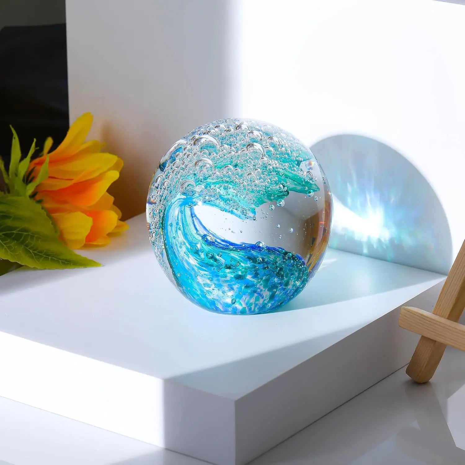 Hand-Blown Ocean Wave Glass Paperweight - Unique green and sky blue decor showcasing the beauty of ocean waves, perfect for home or office.