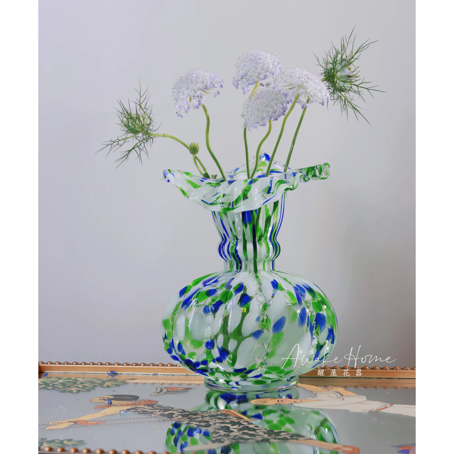 Decorative Hand-Blown Blue & Green Speckled Glass Vase w/A Ruffled Design Edge
