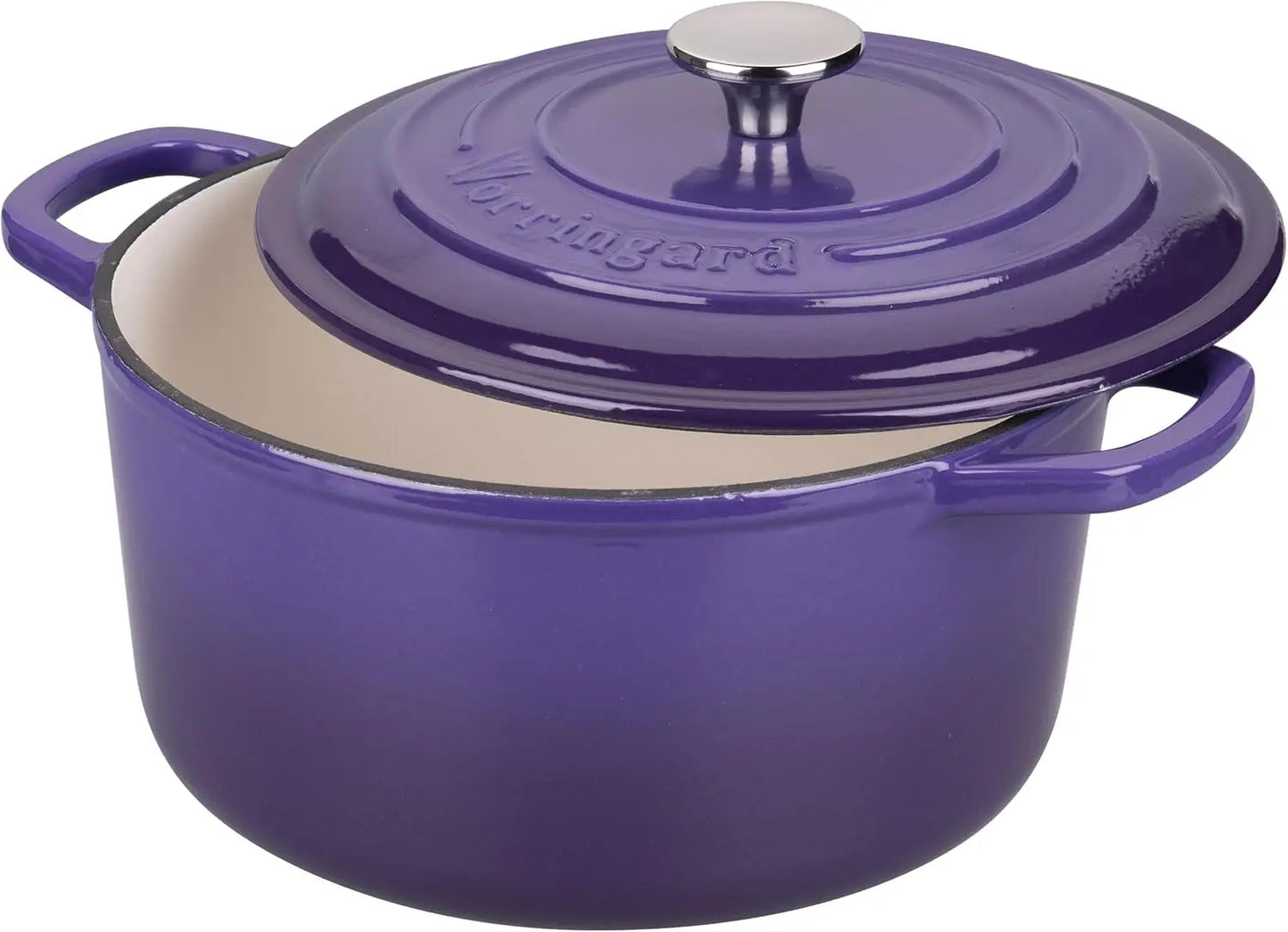 Enameled Cast Iron Dutch Oven 6QT – Purple Round VORRINGARD Pot with Lid for Bread Baking & One-Pot Meals showcasing its vibrant color and design, perfect for cozy cooking.