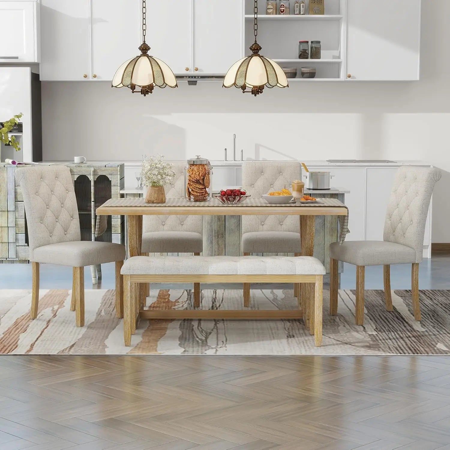 Cozy retro dining setup showcasing the Retro 6-Piece Wood Dining Table Set for 6 with a natural wood finish.