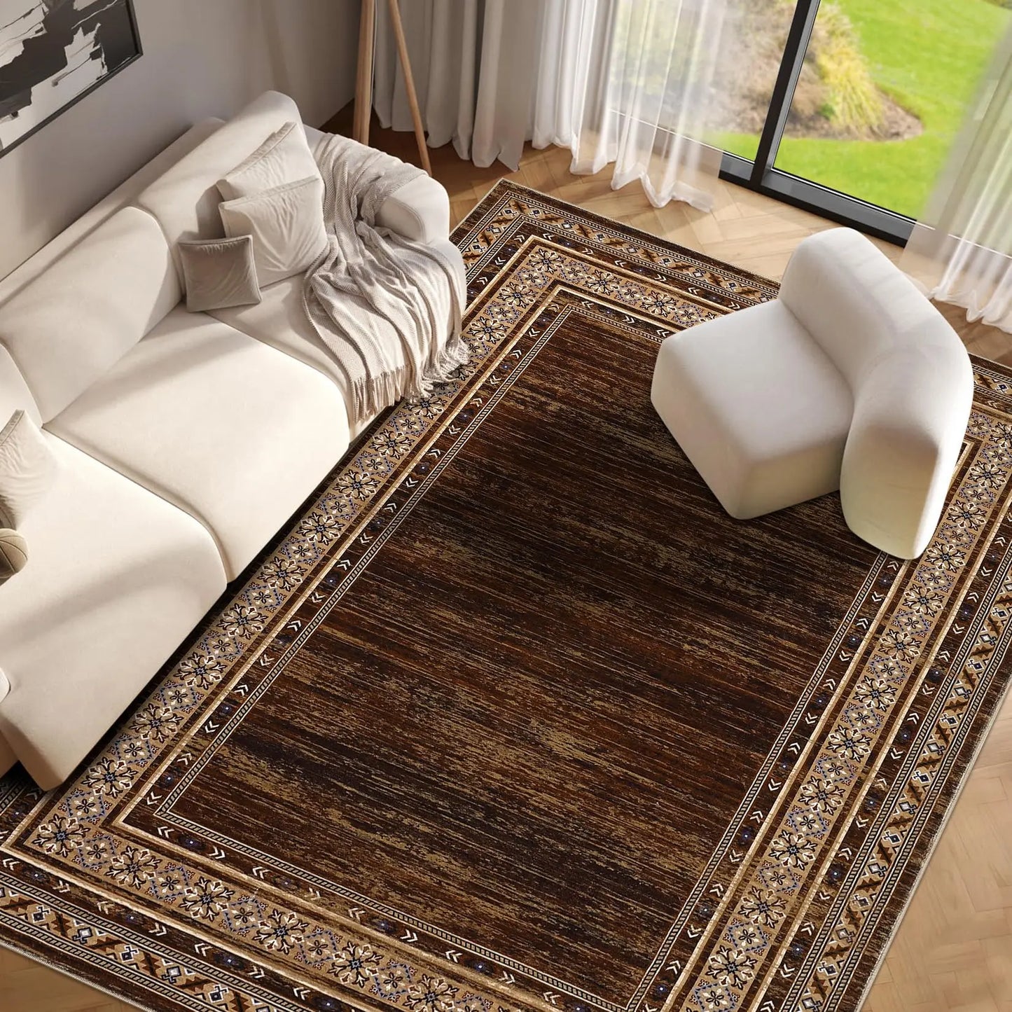 8x10 Red Brown Geometric Area Rug, Washable Non-Slip geometric area rug shown in a warm neutral interior