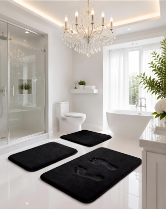 3-Piece Memory Foam Bathroom Rug Set in Black, showcasing plush velvet fleece surface and non-slip backing for safety.