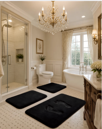 Luxurious feel of the Black Non-Slip Memory Foam Bathroom Rug Set, perfect for pampering your feet after a shower.