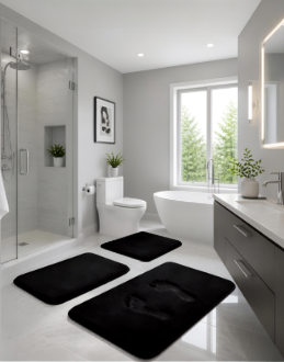 Complete view of the 3-Piece Memory Foam Bathroom Rug Set in Black, ideal for creating a polished bathroom look.