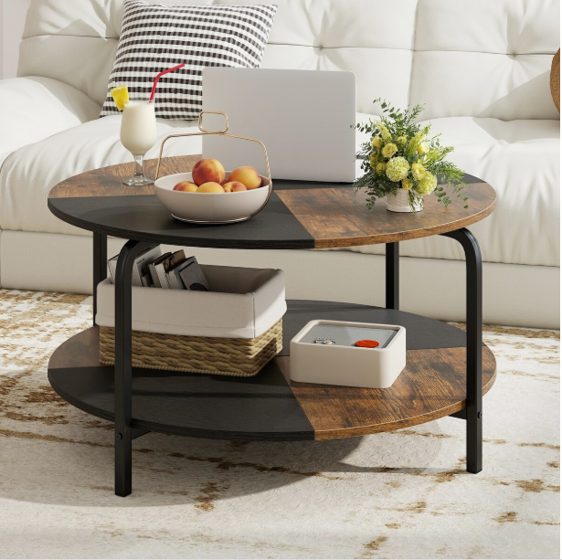 Stylish 31.5-Inch 2-Tier Round Coffee Table with Storage Shelf showcasing its modern split-color design and open storage, perfect for enhancing your living room decor.
