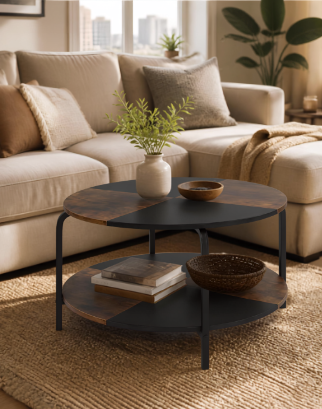 Close-up view of the 31.5-Inch 2-Tier Round Coffee Table, featuring a spacious tabletop and sturdy metal frame, ideal for organizing living room essentials with style.