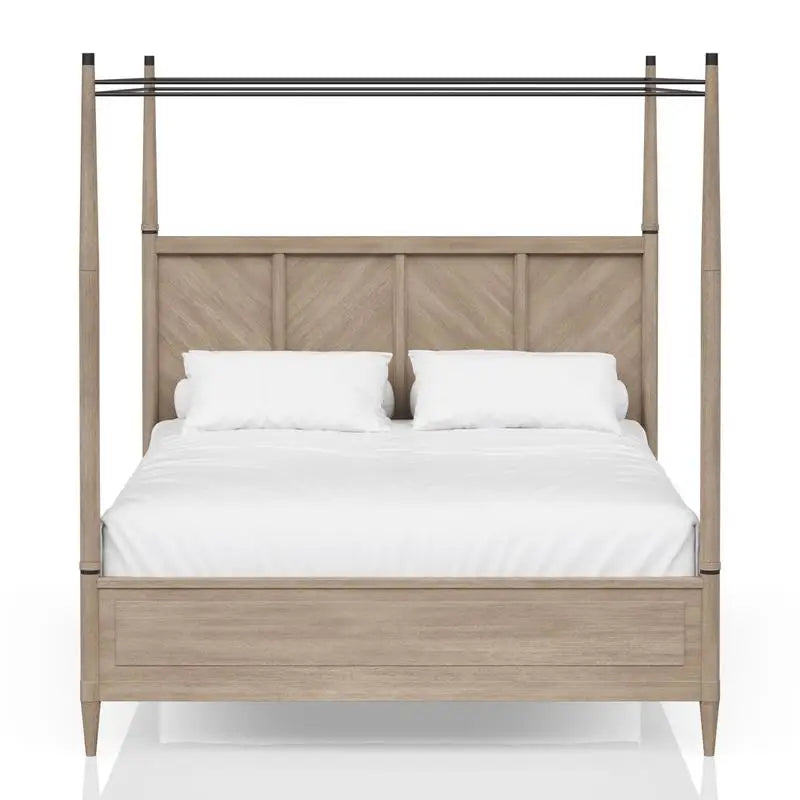 Wilmington Canopy Bedroom Set in Sand with a serene interior styling featuring neutral bedding and textured throws.