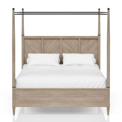 Wilmington Canopy Bedroom Set in Sand with a serene interior styling featuring neutral bedding and textured throws.
