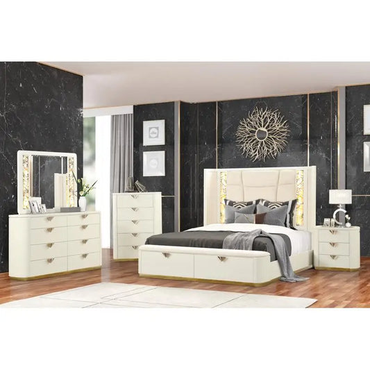 Luxurious 5-Piece Queen Upholstered Beige Bedroom Set w/Gold Accents 