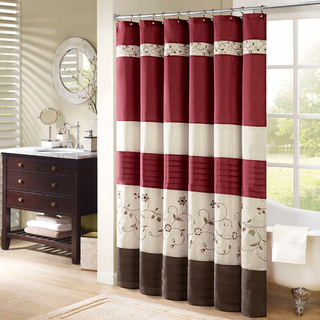 Transitional Red Pleated Shower Curtain w/Delicate Floral Embroidery