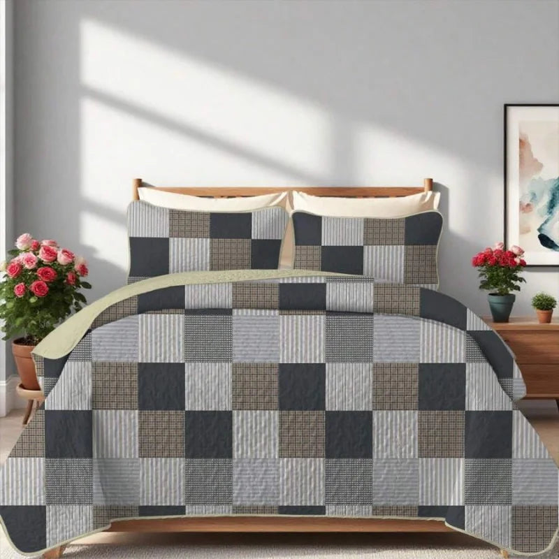 Davulos Plaid Patchwork Quilt Set Queen, 3-Piece Gray Reversible Microfiber Bedspread with Pillow Shams, rustic plaid quilt set with matching shams