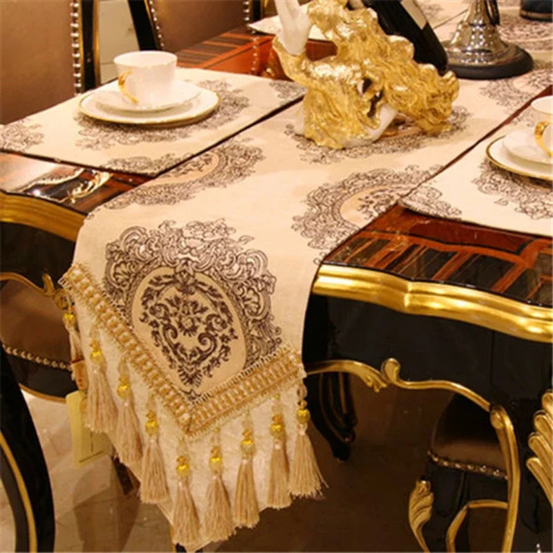 Elegant Beige High Quality Chenille Noble Table Runner displayed on a dining table, demonstrating its modern design and anti-slip feature. A stylish chenille table runner for versatile use.