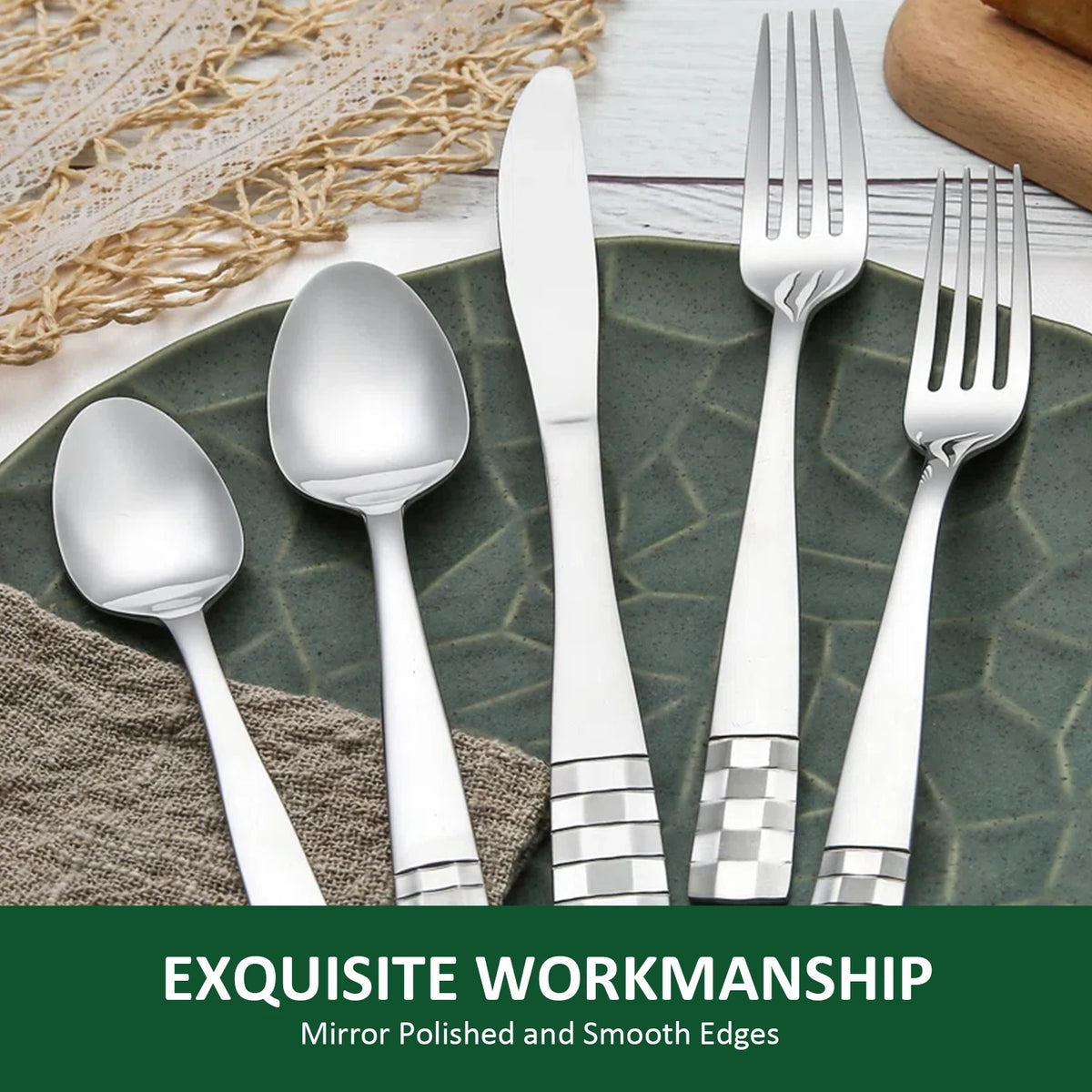 KitchenTrend Checkmate 20/40-Piece Mirror Polished Stainless Steel Flatware Set for 4/8, Dishwasher Safe, stainless steel flatware set showing dinner knives, forks, and spoons