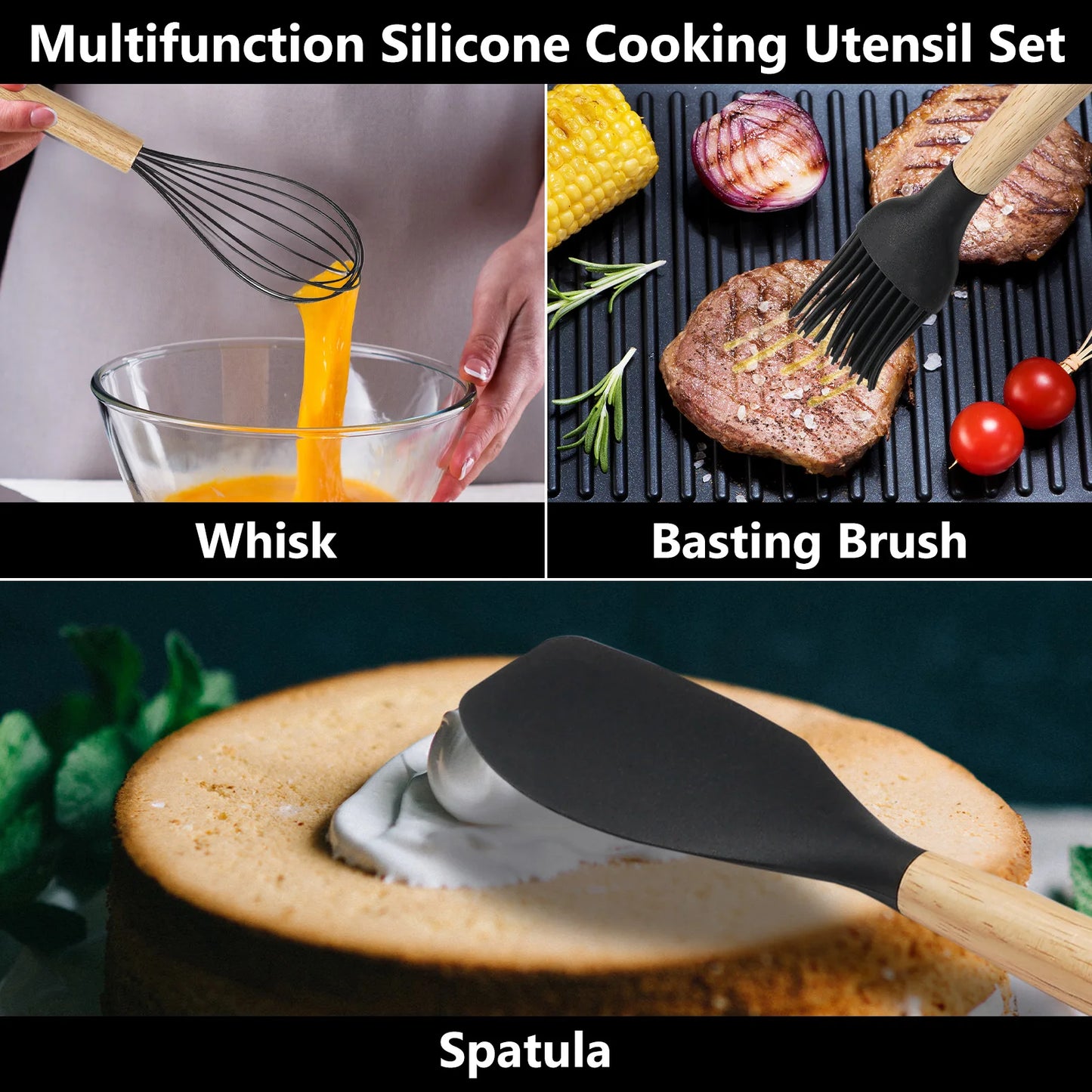 Complete 12-Piece Silicone Utensil Set displayed in matching holder, perfect for modern kitchens.