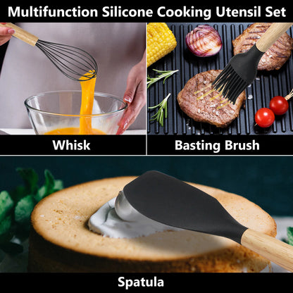 Complete 12-Piece Silicone Utensil Set displayed in matching holder, perfect for modern kitchens.