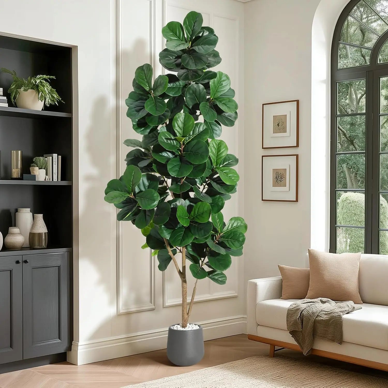 Close-up view of the 7FT Realistic Faux Fiddle Leaf Fig Tree leaves, highlighting the intricate details and realistic appearance of this faux fiddle leaf fig.