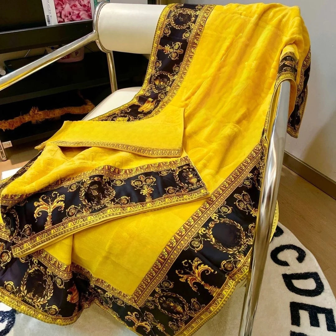 Premium 3-Piece 100% Cotton Bath Towel Set w/a Vintage Baroque Print Border