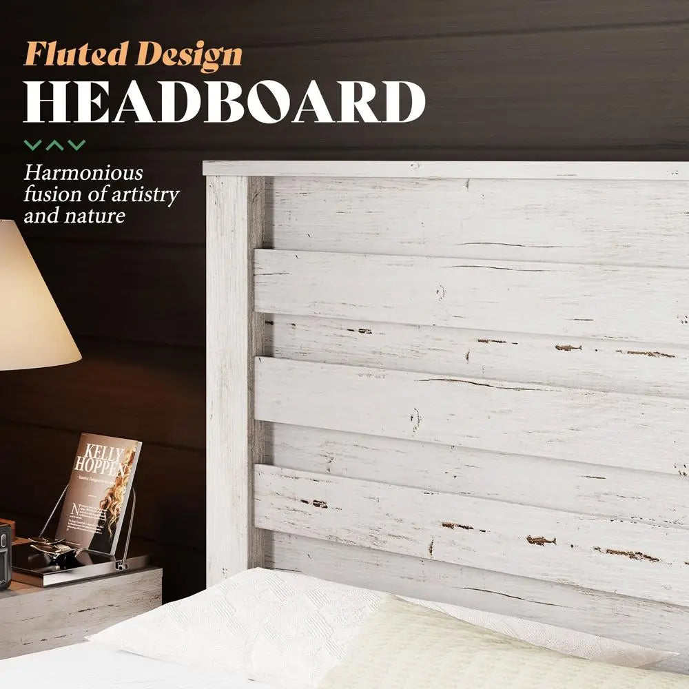 Queen Size Distressed White Farmhouse Bed Frame assembled in a cozy bedroom setting.