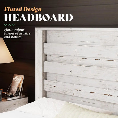 Queen Size Distressed White Farmhouse Bed Frame assembled in a cozy bedroom setting.