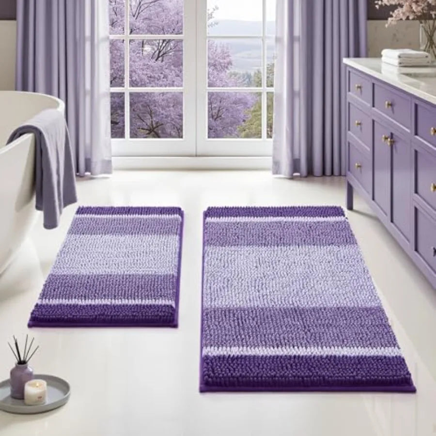 Soft and plush Chenille Bath Mats in purple, designed for non-slip safety and quick absorption.