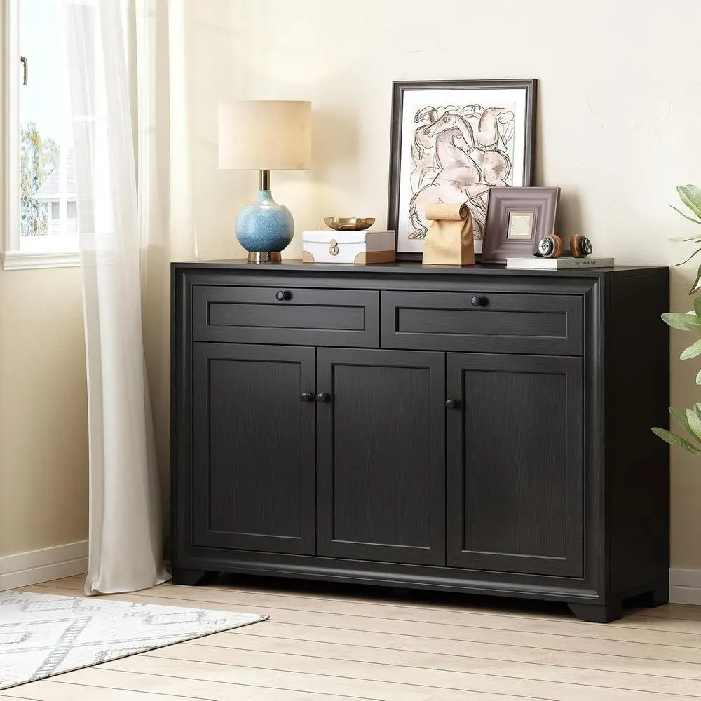 Functional 48” Farmhouse Buffet Cabinet with Storage, Black Sideboard Coffee Bar suitable for kitchens, living rooms, or entryways.