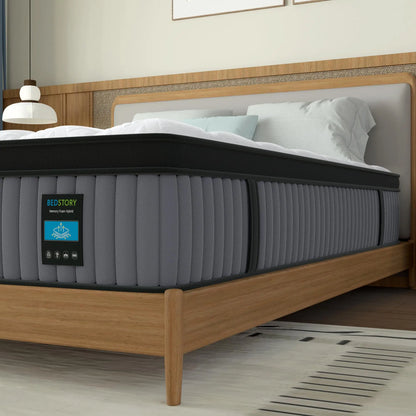 Comfort level demonstration of BedStory 14-Inch Luxury Hybrid Mattress, a reliable hybrid mattress for cooling and support.
