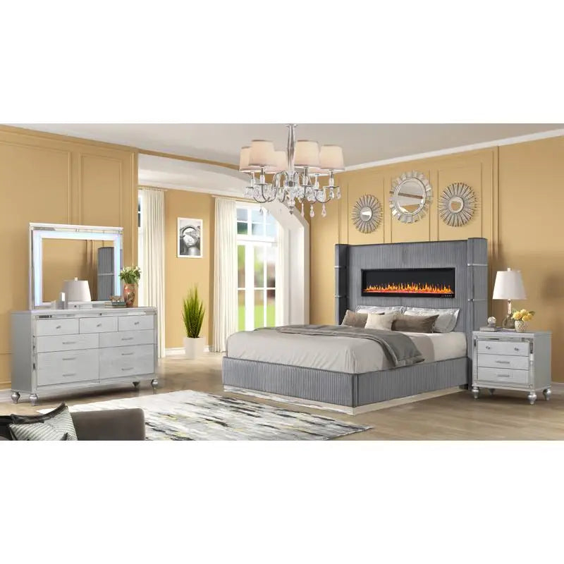 4-Piece Upholstered King Bedroom Set with Ambient Lighting in Gray Velvet Finish