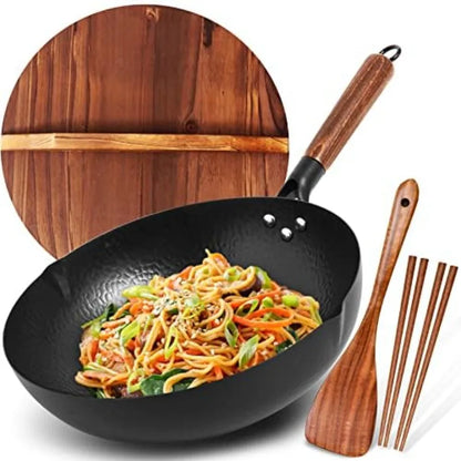 HomelyOasis Carbon Steel Wok 13-Inch Flat Bottom Stir Fry Pan with Wooden Lid & Utensils Set, showcasing the sleek design and materials used.