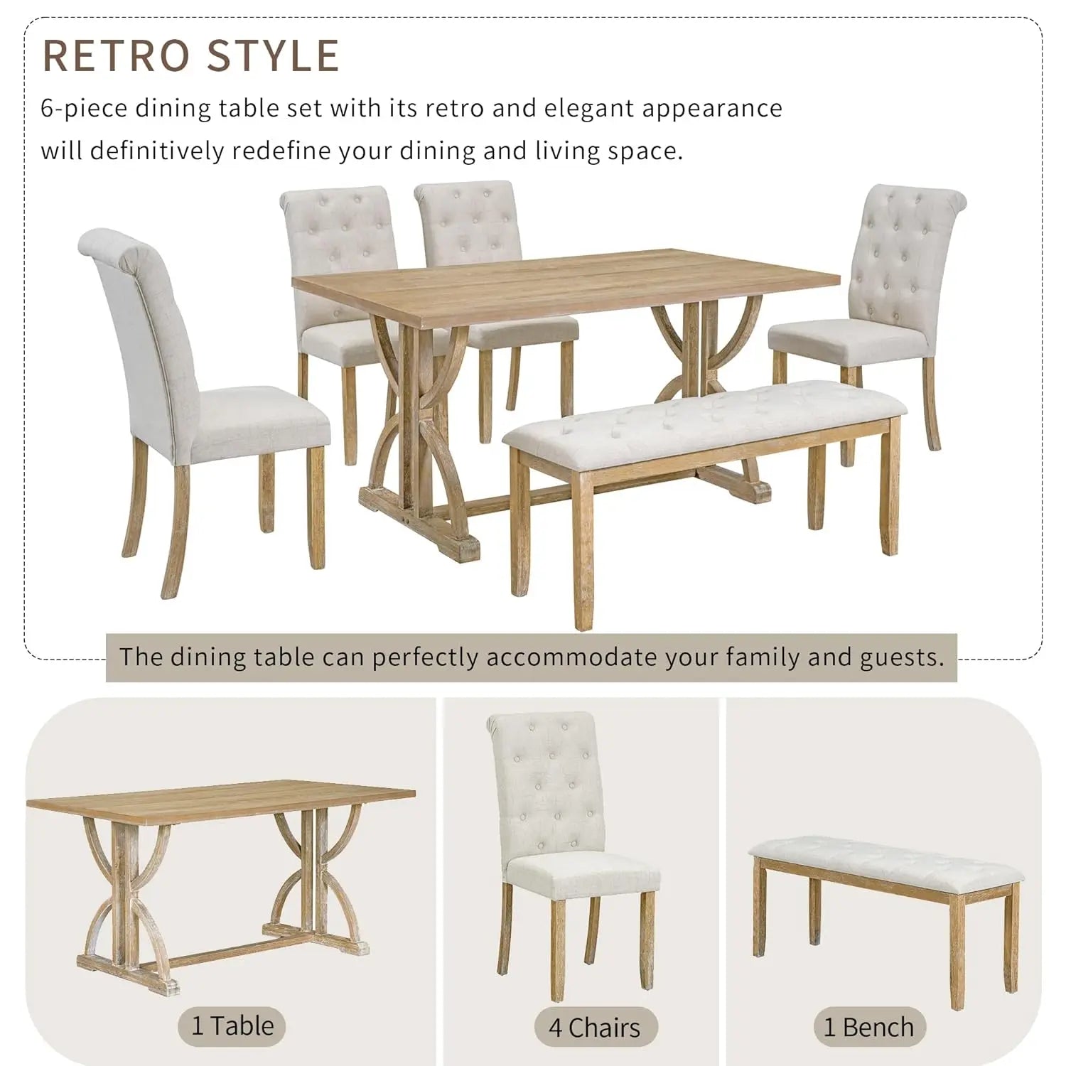 The charming dining bench of the Retro 6-Piece Wood Dining Table Set for 6, perfect for family gatherings.