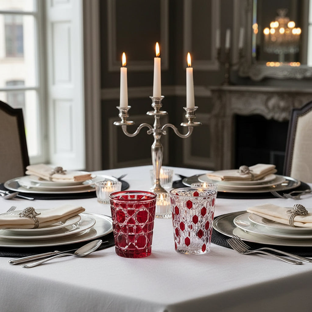 Hand-Carved 6-Piece Cut-Crystal Glass Tumblers Set featuring a checkered diamond pattern on a polished surface.