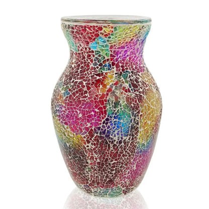 8" Handcrafted Cracked Glass Flower Vase illuminated under soft light, a striking handcrafted glass vase perfect for any decor style.